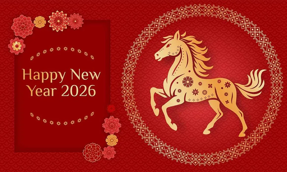 Thiệp chúc mừng năm mới 2026 vector hình ngựa vàng hoa văn nổi bật