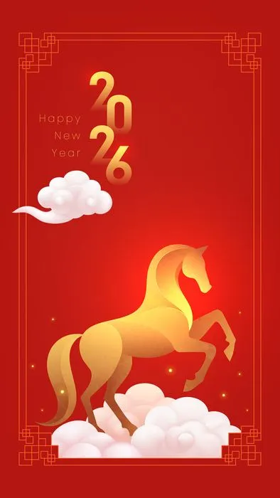 Thiết kế chúc mừng năm mới 2026 ngựa vàng trên mây đỏ