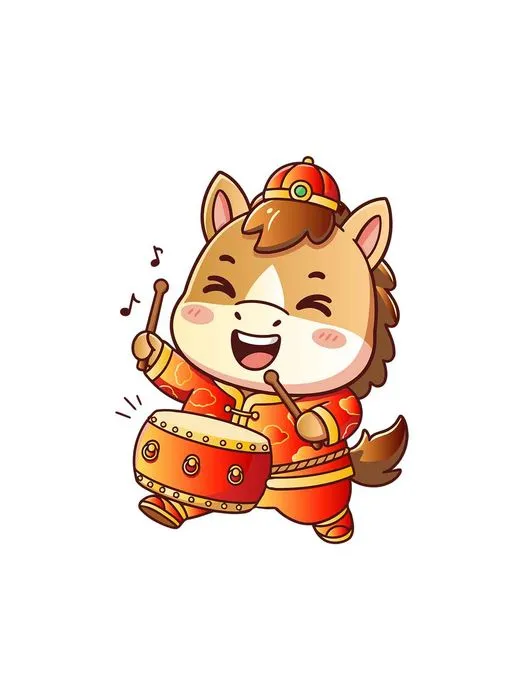 File EPS Chú ngựa hoạt hình tết đang đánh trống mừng năm mới.