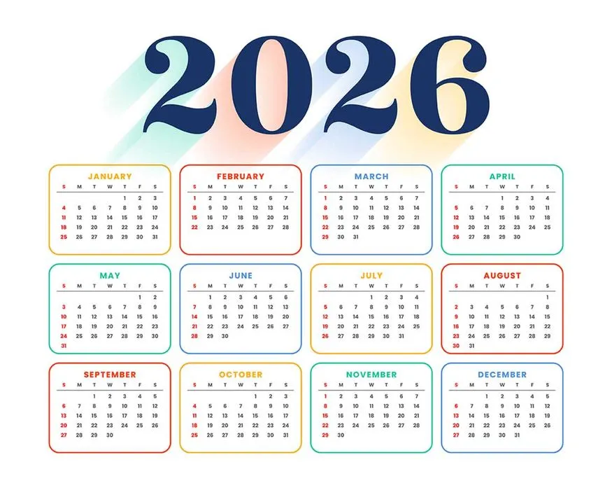 Lịch 2026 vector phong cách bo góc, phối viền màu nổi bật