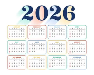 Lịch 2026 vector phong cách bo góc, phối viền màu nổi bật