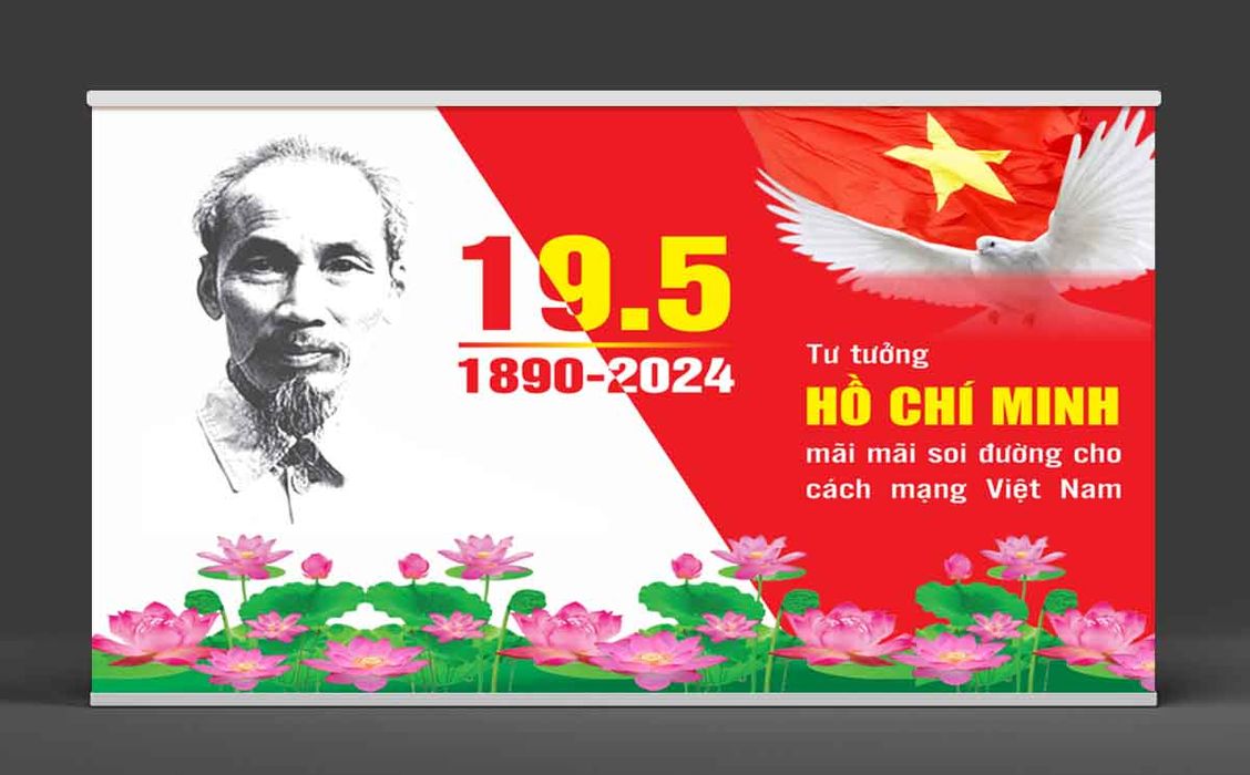 Maket thiết kế backdrop ngày 19 tháng 5 về tư tưởng Hồ Chí Minh - Mừng sinh nhật Bác Hồ file corel
