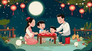 Hình ảnh vector AI cả nhà sum họp ăn tối dưới trăng rằm Trung thu