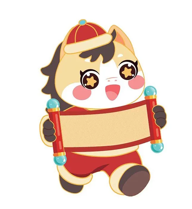 Hình minh họa linh vật mèo hoạt hình cầm cuộn giấy chúc mừng năm mới