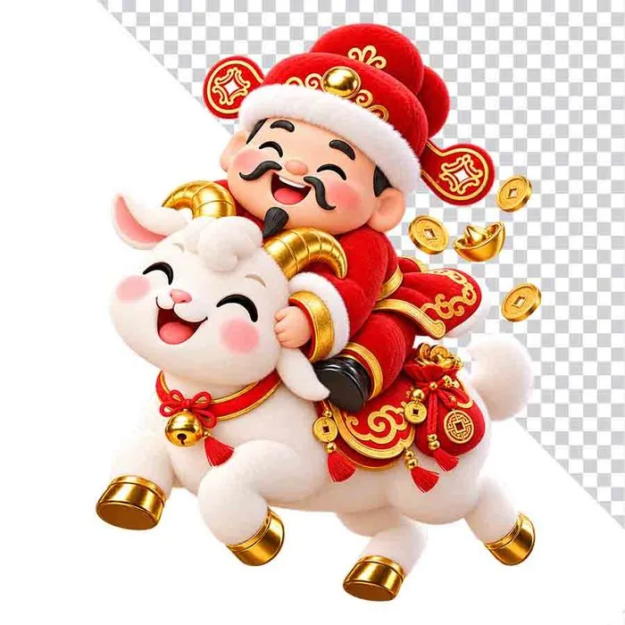 Ông Thần Tài ôm cổ chú dê trắng cưỡi mây phi nước đại.png