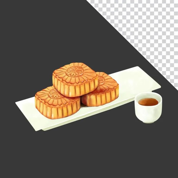 Đĩa bánh trung thu truyền thống và tách trà - PNG không nền