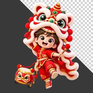 Hình ảnh em bé trai mặc áo dài đỏ đội đầu lân kéo trống bánh xe nhảy múa - File PNG