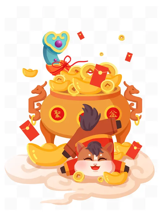 Hình Minh Họa Năm Con Ngựa May Mắn & Túi Tiền Vàng - PNG Cao Cấp