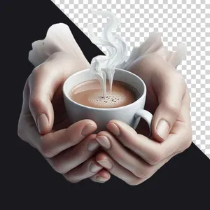 File PNG đôi tay nâng ly cà phê nóng bốc khói nghệ thuật