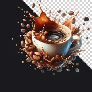 File PNG Ly cà phê bắn tung tóe cùng hạt cà phê 3D sống động