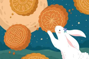 Thỏ trắng đáng yêu bên trăng rằm, tay chạm bánh trung thu lớn. Hình minh họa định dạng Ai.