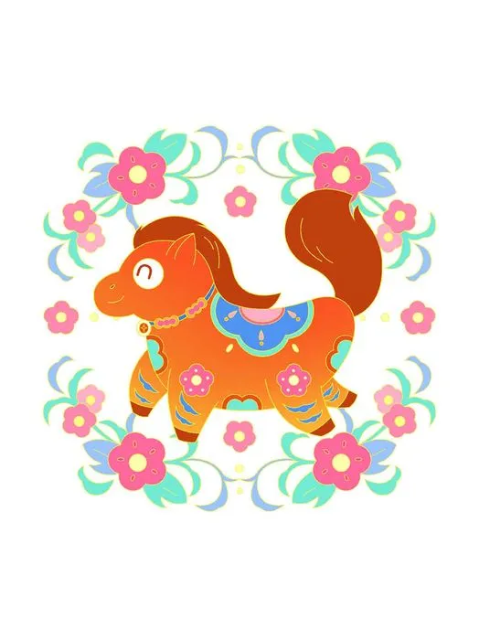 Ngựa hoạt hình trang trí hoa văn hoa lá Tết File psd