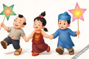 ảnh hoạt hình các bạn nhỏ rước đèn ông sao đi chơi dịp lễ trung thu Việt Nam - File JPG 1536X1024 pixel