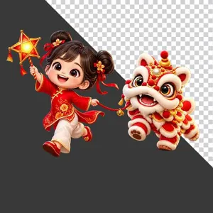 File PNG - Hình ảnh em bé gái mặc áo dài đỏ dắt lân hoạt hình cầm đèn lồng ngôi sao