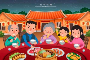 Hình ảnh gia đình quây quần ăn cơm tất niên ngoài sân nhà - File vector AI
