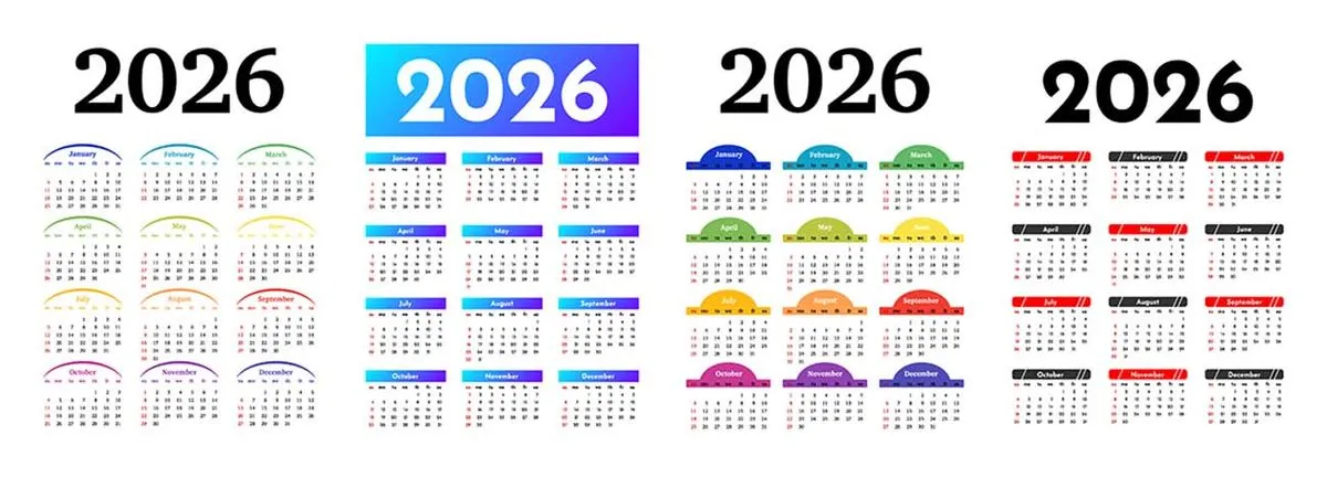 Thiết kế lịch 2026 vector nhiều kiểu dáng, phối màu độc đáo