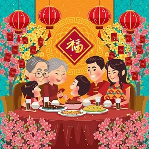 File vector AI minh họa cả nhà sum họp ăn Tết đoàn viên với đèn lồng đỏ