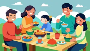 Cảnh gia đình quây quần ăn uống ngoài trời đầy tiếng cười – File vector AI