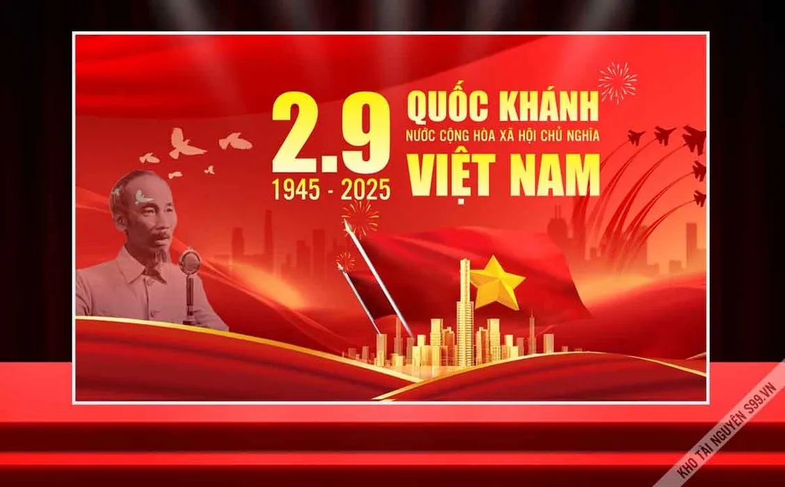 Backdrop Corel chào mừng Quốc khánh Việt Nam 291945 – 2025 màu đỏ sao vàng