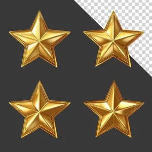 Bộ 4 ngôi sao vàng kim loại 3D PNG