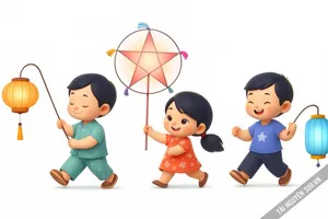 Ảnh hoạt hình tết trung thu em rước đèn đi chơi file JPG - Kích thước 1500 x 1000 pixel