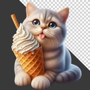 Hình ảnh 3D chú mèo đáng yêu ôm kem ốc quế tách nền File PNG