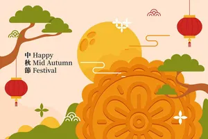 File Ai thiết kế Trung Thu với bánh trung thu, trăng tròn, cây xanh và đèn lồng đỏ.