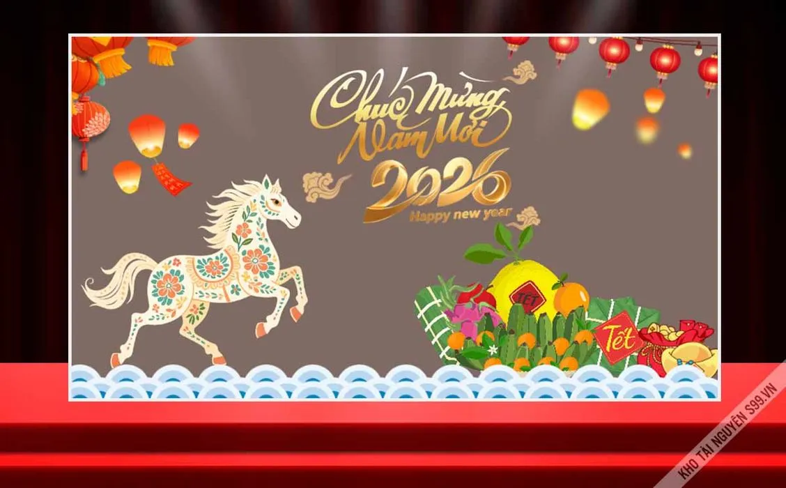 Background Tết 2026 ngựa phong cách dân gian bên mâm ngũ quả và thả đèn trời File corel