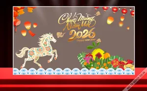 Background Tết 2026 ngựa phong cách dân gian bên mâm ngũ quả và thả đèn trời File corel