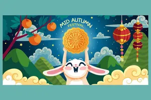 Chú thỏ nâng bánh trung thu dưới bầu trời sao, File Ai mang phong cách minh họa lễ hội rực rỡ.