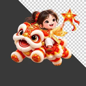 Hình ảnh em bé gái mặc áo dài vàng cưỡi lân hoạt hình cầm đèn lồng ngôi sao - File PNG