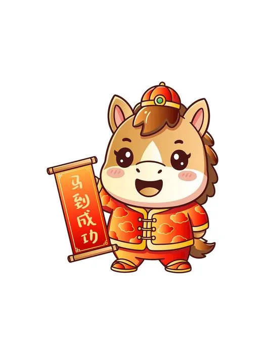File EPS Chú ngựa hoạt hình tết cầm cuộn thư pháp Mã Đáo Thành Công.