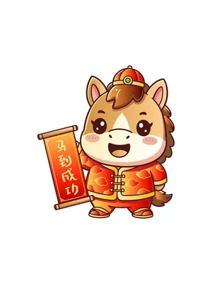 File EPS Chú ngựa hoạt hình tết cầm cuộn thư pháp Mã Đáo Thành Công.