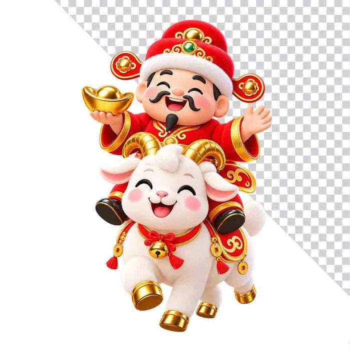 Ông Thần Tài một tay bưng thỏi vàng cưỡi dê trắng vẫy chào.png