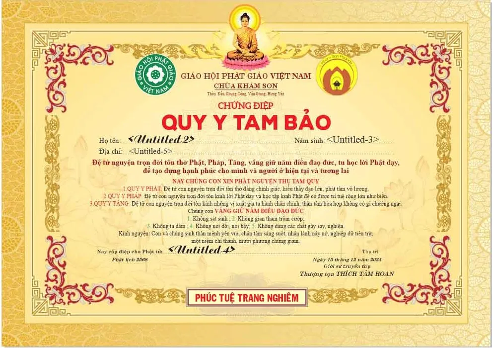 Chứng Điệp Quy Y Tam Bảo Chùa Khâm Sơn - File CDR Thiết Kế Chuẩn