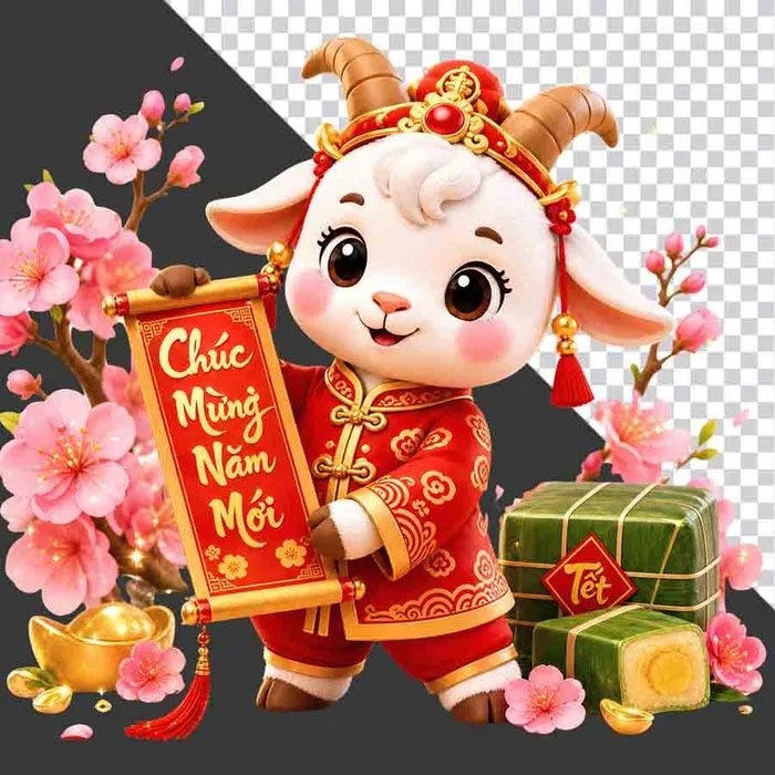 Linh vật dê cầm câu đối chúc mừng năm mới - File PNG