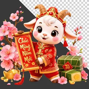 Linh vật dê cầm câu đối chúc mừng năm mới - File PNG