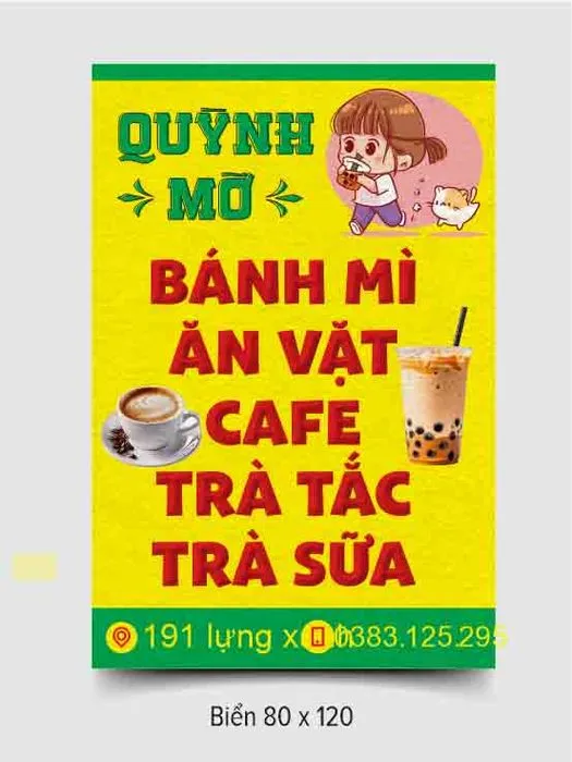 Biển hiệu Quán Ăn Vặt, Cafe, Trà Sữa Quỳnh Mo – File CDR Vector
