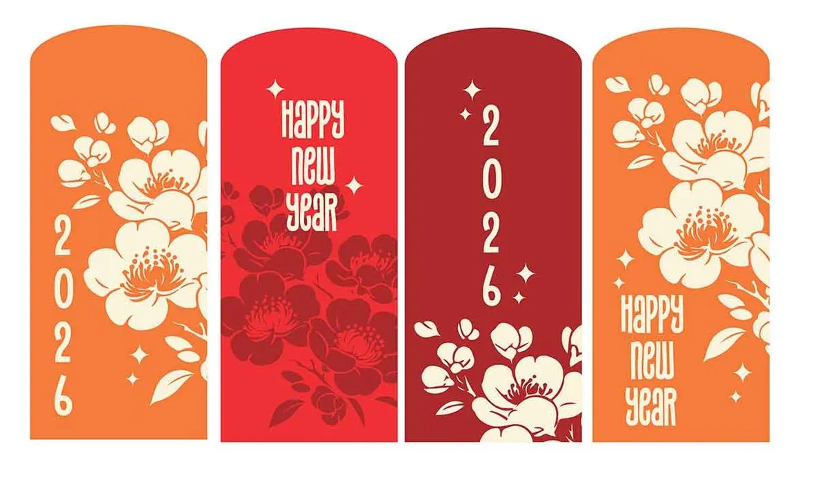 Bao lì xì Tết 2026 hoa mai đỏ vàng File EPS