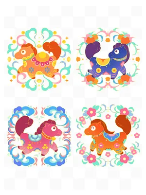 Bộ Tứ Linh Vật Ngựa Trang Trí Tết Phong Cách Dân Gian - File PSD