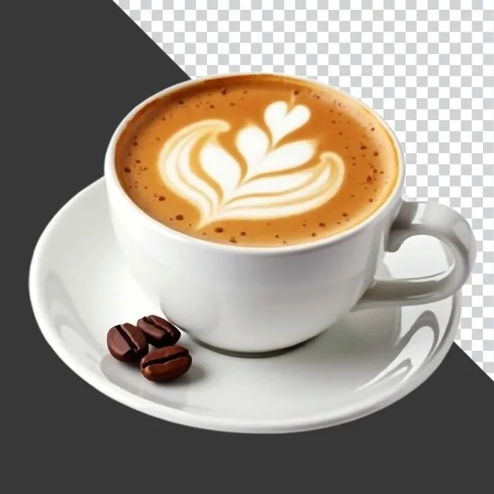 Ly cà phê cappuccino nghệ thuật với hạt cà phê trang trí File PNG 