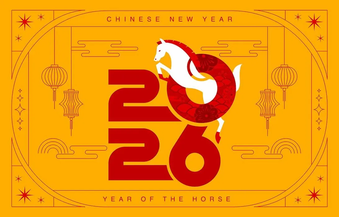 Thiết kế Tết 2026 nền vàng ngựa trắng cách điệu và đèn lồng