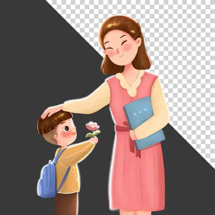 Hình ảnh cô giáo âu yếm xoa đầu bé trai tặng hoa File PNG