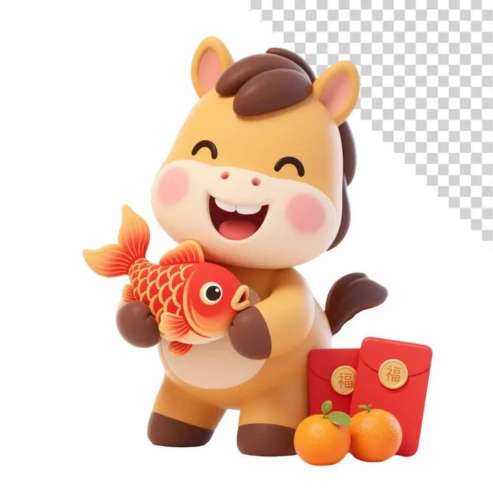 Linh Vật Ngựa Chibi Ôm Cá Vàng Tài Lộc. PNG