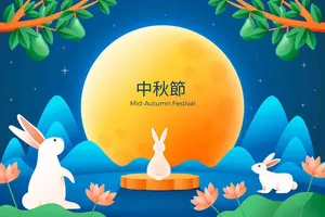 Ba chú thỏ ngắm trăng rằm sáng giữa núi non và hoa sen, tạo khung cảnh Trung Thu lung linh. File Ai.