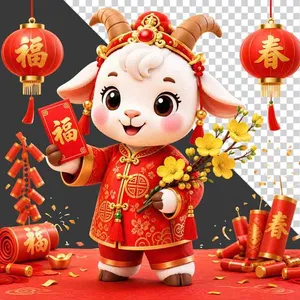 File PNG - Linh vật dê cầm lì xì và hoa mai chúc Tết