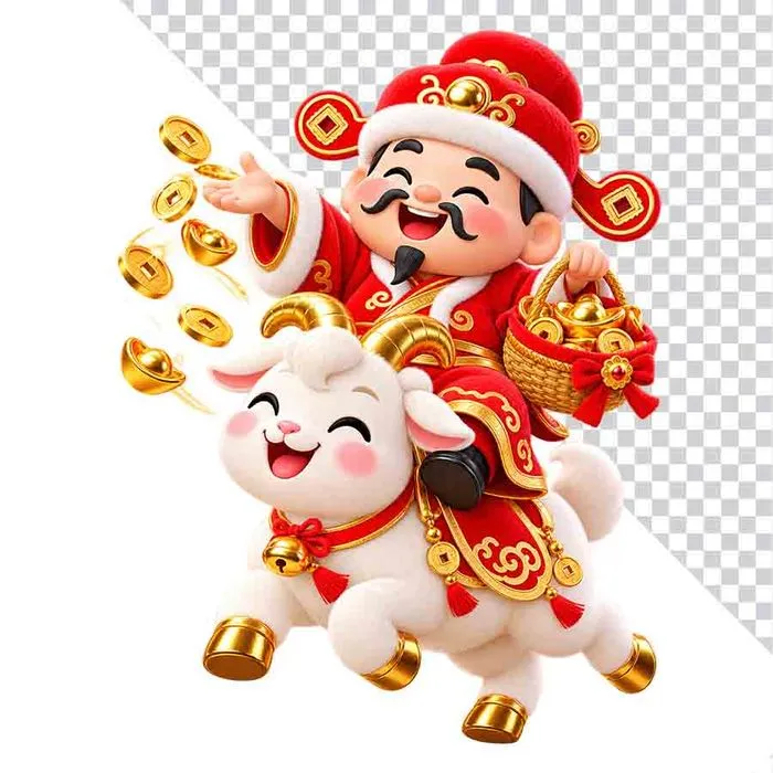 Ông Thần Tài xách giỏ vàng tung tiền tài lộc cưỡi dê trắng.png