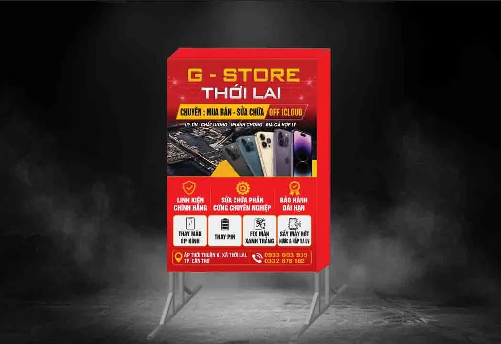 Mẫu thiết kế bảng hiệu đứng cửa hàng điện thoại G Store Thới Lai File Corel