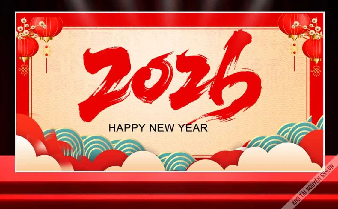 Backdrop Tết 2026 Happy New Year Đỏ Lồng Đèn Pháo Hoa - File corel