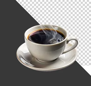Ly cà phê đen nóng bốc khói trong tách sứ trắng File PNG